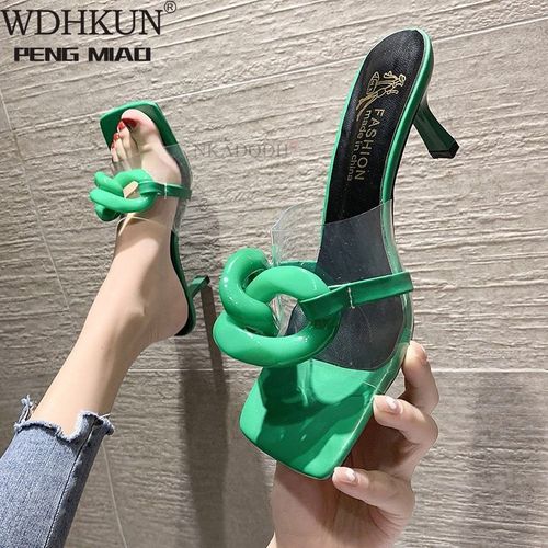 Pantoufles Transparentes Grande Chaîne Pour Femmes, Sandales Talons Aiguilles, Bout Carré, Mules Talons Hauts, Chaussures Pour Femmes, Diapositives Blanches Et Vertes,té,