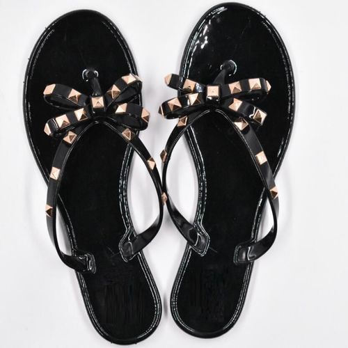 Sandales Rivets Et N¿ud Papillon Pour Femmes, Tongs De Plage, Chaussures De Gelée, Sandales En Pvc Pour Filles, Enfiler Plat Avec Pantoufles Clous Pour Femmes