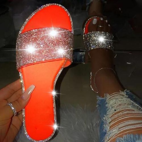 Sandales Paillettes Pour Femmes, Pantoufles La Mode, Couleur Bonbon, Tongs De Plage, Chaussures Plates En Diamant, Pour L'extérieur,