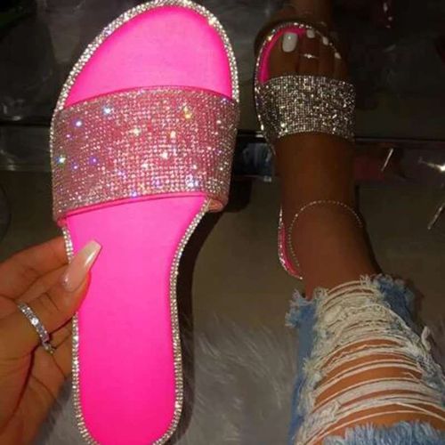 Sandales Paillettes Pour Femmes, Pantoufles La Mode, Couleur Bonbon, Tongs De Plage, Chaussures Plates En Diamant, Pour L'extérieur,