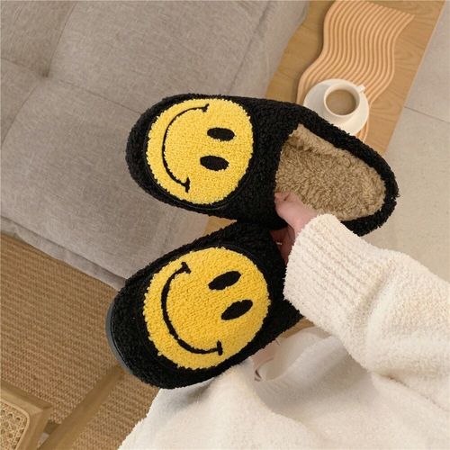 Pantoufles D'hiver En Fourrure Pour Femmes, Mignonnes Et Moelleuses, Chaussures De Couple Chaudes Avec Visage Souriant