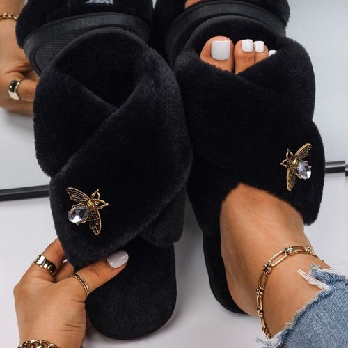 Sandales Plates En Fausse Fourrure Pour Femmes, Pantoufles En Métal Doré, Mignonnes En Peluche D'insecte, Pantoufles D'hiver Personnalisées, Tongs De Styliste