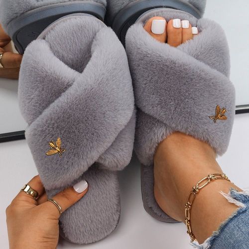 Sandales Plates En Fausse Fourrure Pour Femmes, Pantoufles En Métal Doré, Mignonnes En Peluche D'insecte, Pantoufles D'hiver Personnalisées, Tongs De Styliste