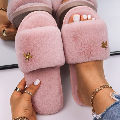 Sandales Plates En Fausse Fourrure Pour Femmes, Pantoufles En Métal Doré, Mignonnes En Peluche D'insecte, Pantoufles D'hiver Personnalisées, Tongs De Styliste