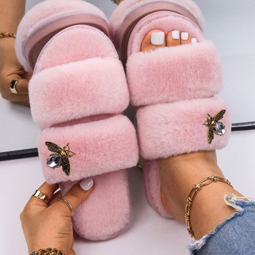 Sandales Plates En Fausse Fourrure Pour Femmes, Pantoufles En Métal Doré, Mignonnes En Peluche D'insecte, Pantoufles D'hiver Personnalisées, Tongs De Styliste