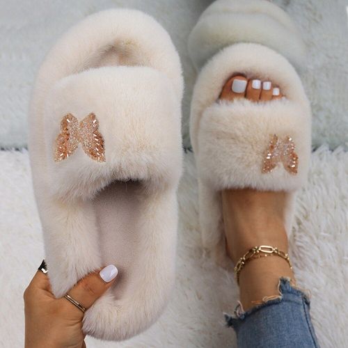 Tongs À Plateforme Pour Femmes, Pantoufles D'intérieur Pelucheuses, Strass, Papillon, Fausse Fourrure, Chaussures Plates De Luxe