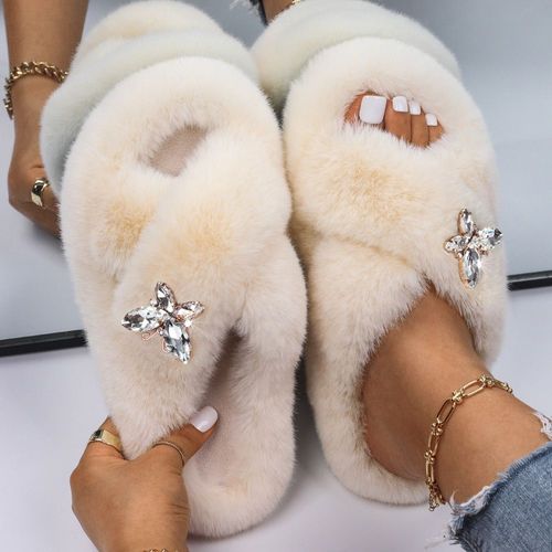 Tongs À Plateforme Pour Femmes, Pantoufles D'intérieur Pelucheuses, Strass, Papillon, Fausse Fourrure, Chaussures Plates De Luxe