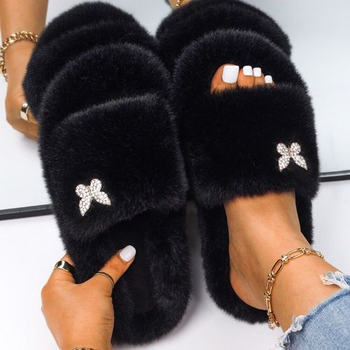 Tongs À Plateforme Pour Femmes, Pantoufles D'intérieur Pelucheuses, Strass, Papillon, Fausse Fourrure, Chaussures Plates De Luxe