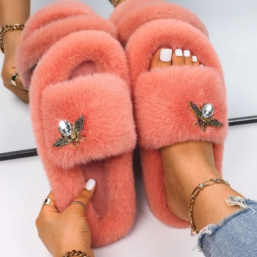 Tongs À Plateforme Pour Femmes, Pantoufles D'intérieur Pelucheuses, Strass, Papillon, Fausse Fourrure, Chaussures Plates De Luxe