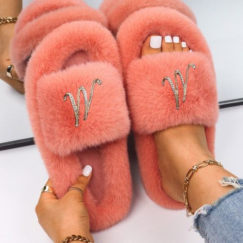 Tongs À Plateforme Pour Femmes, Pantoufles D'intérieur Pelucheuses, Strass, Papillon, Fausse Fourrure, Chaussures Plates De Luxe