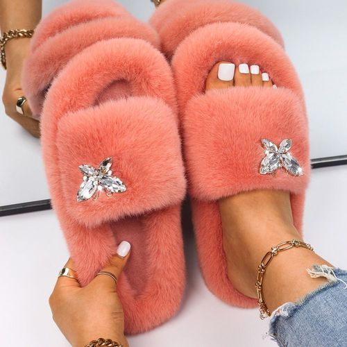 Tongs À Plateforme Pour Femmes, Pantoufles D'intérieur Pelucheuses, Strass, Papillon, Fausse Fourrure, Chaussures Plates De Luxe