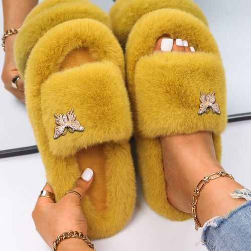 Tongs À Plateforme Pour Femmes, Pantoufles D'intérieur Pelucheuses, Strass, Papillon, Fausse Fourrure, Chaussures Plates De Luxe