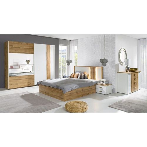 Lit Coffre 160x200 Adulte Design Wood Avec Deux Chevets. Couleur Chêne Wotan Et Blanc