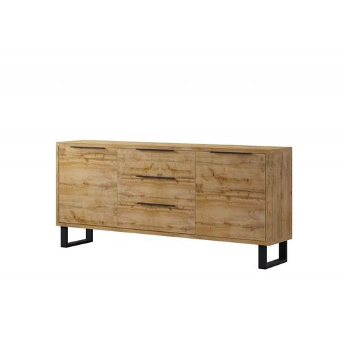 Buffet, Bahut, Enfilade Milo Deux Portes, Trois Tiroirs. Coloris Chêne Avec Finition Noire. Style Industriel.