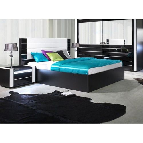 Lit Adulte Design Lina Noir Et Blanc Brillant + Tête De Lit En Simili Cuir