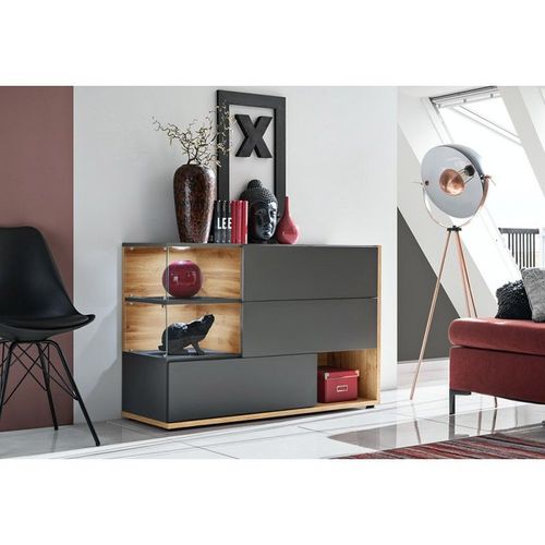 Buffet, Bahut, Enfilade Klis Trois Portes Et Trois Niches. Coloris Gris Anthracite Et Chêne. Style Design.