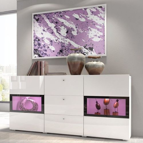 Buffet Design Ramos, 2 Portes Et 3 Tiroirs. Coloris Blanc Brillant Et Noir