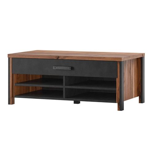 Table Basse Design Collection Windsor Avec Tiroir Et Niches. Coloris Chêne Foncé Et Gris Anthracite.