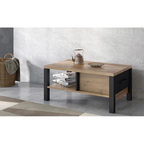 Table Basse Design Collection Darwin Avec Un Tiroir Et Une Niche. Couleur Épicéa Et Noir.