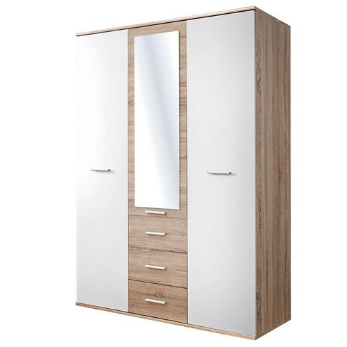 Armoire Chambre D'enfant Design Coloris Chêne Et Blanc Avec 3 Portes Battantes Et 3 Tiroirs Collection Denver.