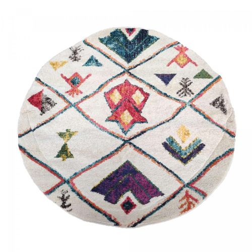 Tapis Berbère Rond Ø160cm Tissé Motifs Tribaux Lyn5 Ourika Blanc