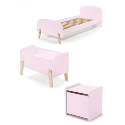 Vipack Kiddy Rose Lit Simple En Bois Laqu Et Brut Et Sommier + Chevet 1 Porte + Coffre Jouets