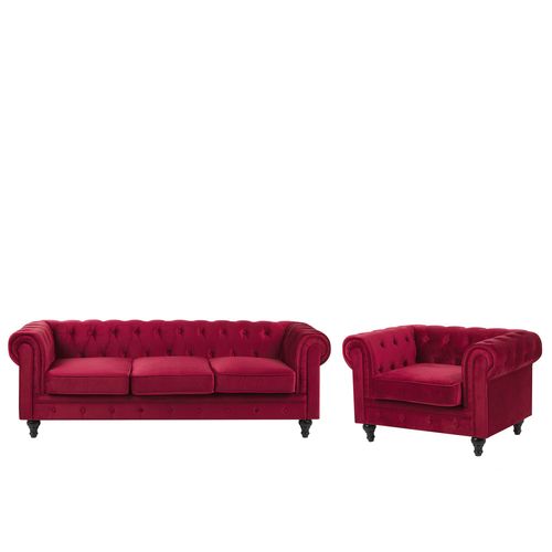 Ensemble Canapé Et Fauteuil En Velours Rouge Foncé 4 Places Chesterfield