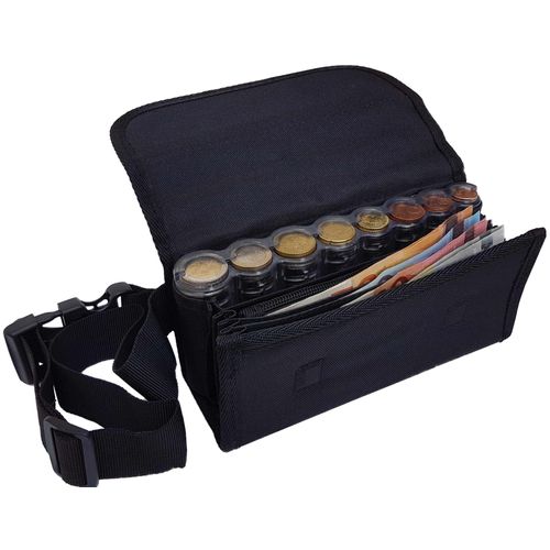 CLAIRE-FONCET Sacoche Banane Serveur en Toile Tissu polyester, Avec Monnayeur Distributeur 8 Pièces d'Euros gradué et transparent, 1 compartiment zippé, Fermeture par Aimants, idéale Serveur, Serveuse