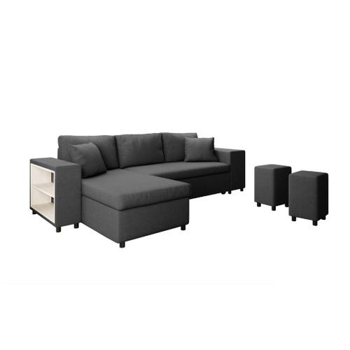 Canapé D'angle Mady Convertible Avec Coffre, Accoudoir Étagère Et Poufs En Tissu - Gris Foncé, Position Du Rangement Poufs - Droit