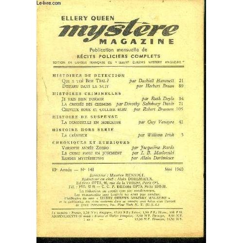 Mystere Magazine N°148 - Mai 1960 - Qui A Tue Bob Teal? Par Dashiell Hammett, Disparu Dans La Nuit Par Herbert Brean, Je Vais Bien Dormir Par Ruth Doyle, La Croisee Des Chemins Par Dorothy Salisbury(...)