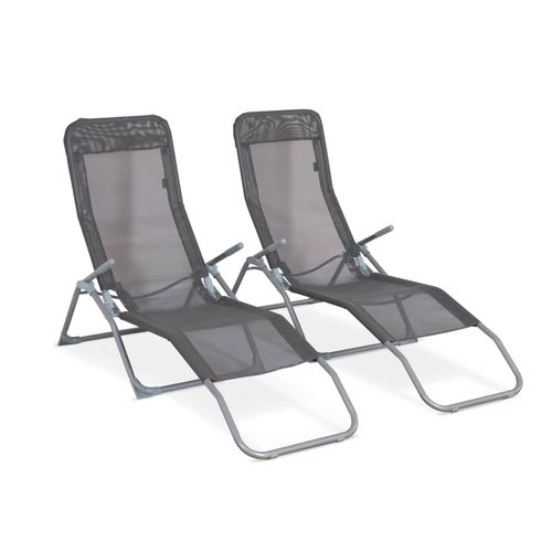 Lot De 2 Bains De Soleil Pliants - Levito Gris Anthracite - Transats Textilène 2 Positions Chaises