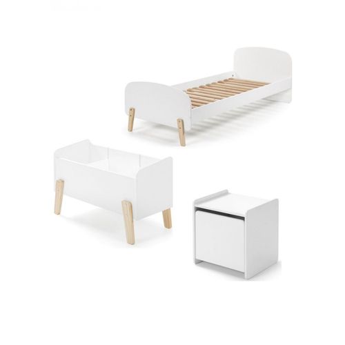 Vipack Kiddy Lit Simple En Bois Laqu Et Brut Et Sommier + Chevet 1 Porte + Coffre Jouets Blanc