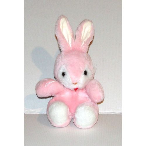 Peluche Lapin Rose Blanc Langue Rouge Vintage Nounours - Doudou Lapin Assis 21 Cm