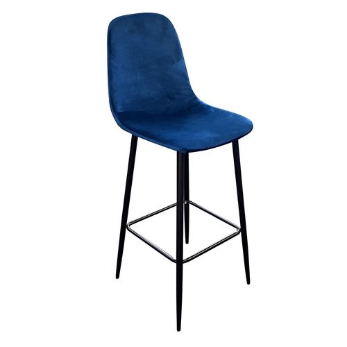 Tabouret De Bar En Velours Vintage Inoui - H. 110 Cm - Bleu