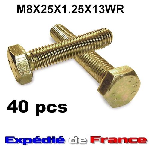 Lot 40 VIS m8 x 25 x 1.25 x 13 WR - tête hexagonale 13 mm (metric 8.8) - Acier zingué jaune - Din 933 - boulon
