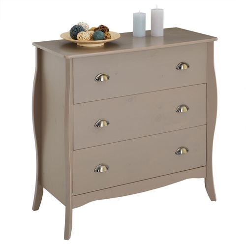 Commode De Chambre Antoinette Style Baroque Rococo Design Moderne, Rangement Avec 3 Tiroirs, En Pin Massif Lasur? Taupe