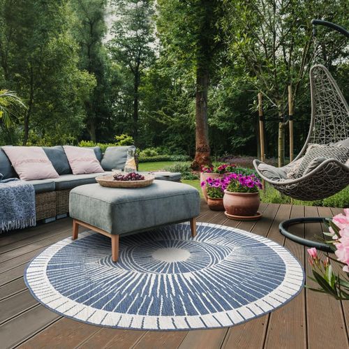 Tapis Rond D'extérieur, Kilim Reversible Ø240cm Lyn2 B Rond Reversible Bleu Et Crème