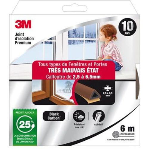 Joint adh?sif porte et fen?tre tr?s mauvais ?tat 3M Premium 2 5 ? 6 5 mm marron L.6 m