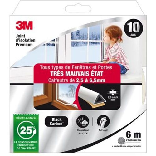 Joint adh?sif porte et fen?tre tr?s mauvais ?tat 3M Premium 2 5 ? 6 5 mm blanc L.6 m