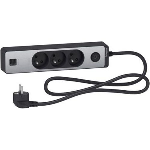 Multiprise 3 prises + 2 USB Schneider Electric Odace alu 1.5 m