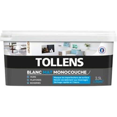 Peinture monocouche murs plafonds boiseries TOLLENS blanc mat 2 5L