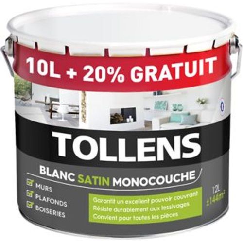 Peinture monocouche murs plafonds boiseries Tollens blanc satin 10L 2L +20% gratuit
