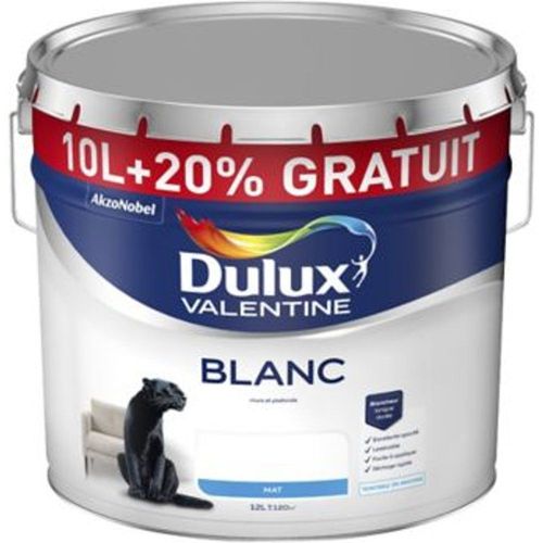 Peinture Dulux Valentine murs et plafonds bicouche blanc mat 10L + 20% gratuit