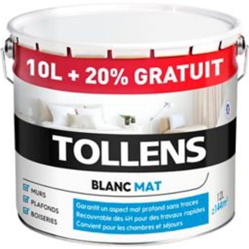 Peinture bicouche murs plafonds boiseries Tollens blanc mat 10L + 20% gratuit