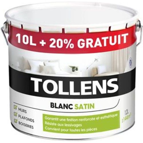 Peinture bicouche murs plafonds boiseries Tollens blanc satin 10L + 20% gratuit
