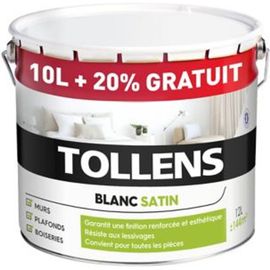 Peinture bicouche murs plafonds boiseries Tollens blanc satin 10L + 20% gratuit