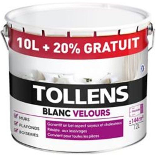 Peinture bicouche murs plafonds boiseries Tollens blanc velours 10L + 20% gratuit