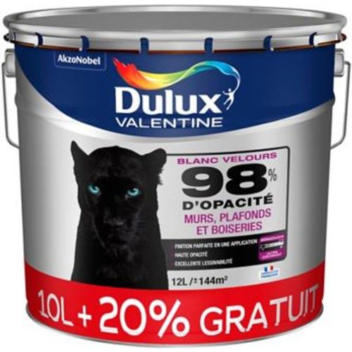 Peinture murs  plafonds et boiseries Dulux Valentine 98% monocouche blanc velours 10L +20% gratuit
