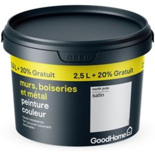Peinture r?sistante murs boiseries et m?tal GoodHome blanc North Pole satin 2 5L +20%