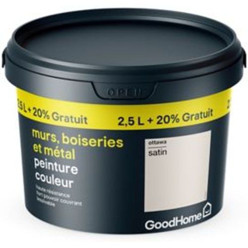 Peinture r?sistante murs boiseries et m?tal GoodHome blanc Ottawa satin 2 5L +20%